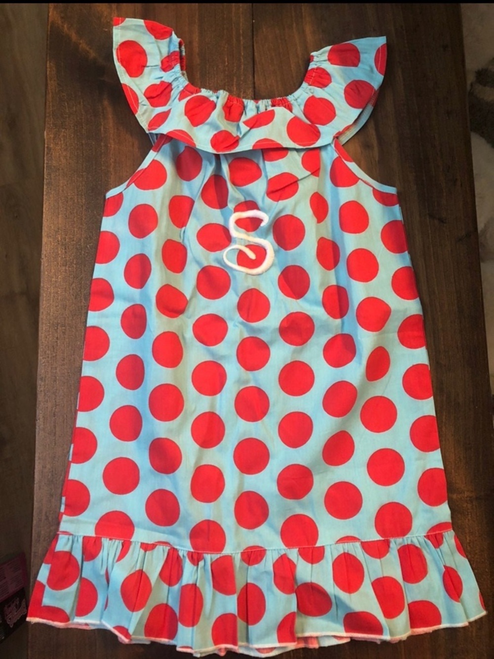 Girls Aqua Dress with Red Polka Dots